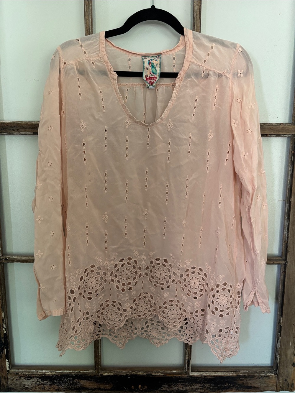 Johnny Was pink blush eyelet tunic top